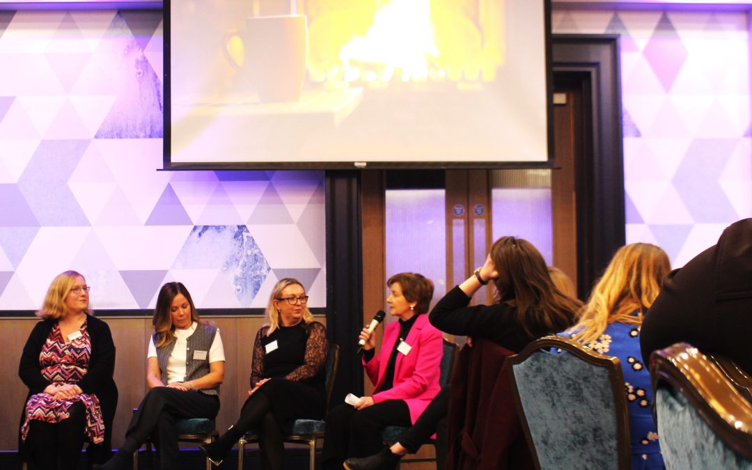 A picture of Mary O'Donohue speaking at a conference